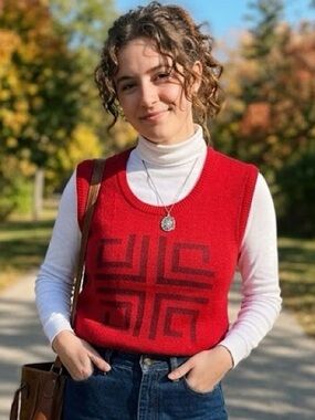 Vintage Lord Byron Knitwear Red Graphic Sweater Vest - Size Small